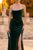 Dark Green Sheath Velvet One Shoulder Ruched Maxi Formal Dress with Rhinestones