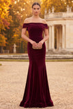 Burgundy Velvet Mermaid Off the Shoulder Maxi Formal Dress