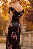 Black Velvet Off the Shoulder Ruched Maxi Formal Dress with Side Slit