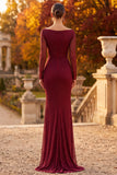 Burgundy Sheath Cowl Neck Long Sleeves Beaded Formal Dress with Side Slit