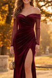 Burgundy Velvet Sheath Off the Shoulder Ruched Long Formal Dress with Slit