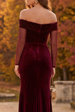 Burgundy Velvet Sheath Off the Shoulder Ruched Long Formal Dress with Slit