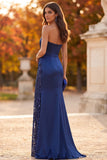 Dark Blue Sheath Strapless Ruched Sequins Maxi Formal Dress with Side Slit