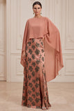 Orange Sheath Boat Neck Printed Satin Long Mother of the Bride Dress with Cape
