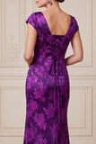 Dark Purple Sheath V-Neck Satin Jacquard Maxi Mother of the Bride Dress with Side Slit