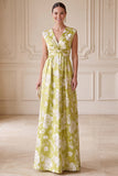 Green A-Line V-Neck Printed Ruched Long Mother of the Bride Dress