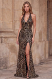 Halter V-Neck Black Sequins Sheath Long Ball Dress with High Side Slit