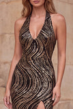 Halter V-Neck Black Sequins Sheath Long Ball Dress with High Side Slit