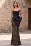 Black Strapless Mermaid Corset Sequins Long Ball Dress with Oversized Satin Bow