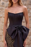 Black Strapless Mermaid Corset Sequins Long Ball Dress with Oversized Satin Bow