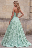 Light Green A-Line Strapless Sequins Floral Long Prom Dress