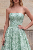 Light Green A-Line Strapless Sequins Floral Long Prom Dress