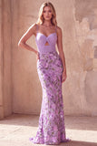 Purple Mermaid Ruched Cut Out Spaghetti Straps Long Prom Dress with Floral Embroidery
