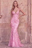 Pink Mermaid V-Neck Embroidered Long Prom Dress