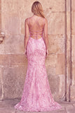 Pink Mermaid V-Neck Embroidered Long Prom Dress