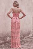 Pink Corset Sheath Sequins Beaded Strapless Long Prom Dress with Tiered Fringes
