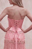 Pink Corset Sheath Sequins Beaded Strapless Long Prom Dress with Tiered Fringes