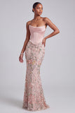 Pink Corset Mermaid Strapless Satin Sequins Embroidered Ball Dress with Pearls
