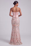 Pink Corset Mermaid Strapless Satin Sequins Embroidered Ball Dress with Pearls