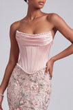 Pink Corset Mermaid Strapless Satin Sequins Embroidered Ball Dress with Pearls