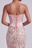Pink Corset Mermaid Strapless Satin Sequins Embroidered Ball Dress with Pearls