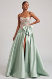 Green Corset A-Line Strapless Satin Appliques Ball Dress with Bow and Slit