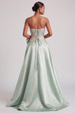 Green Corset A-Line Strapless Satin Appliques Ball Dress with Bow and Slit