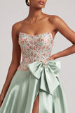 Green Corset A-Line Strapless Satin Appliques Ball Dress with Bow and Slit
