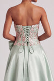 Green Corset A-Line Strapless Satin Appliques Ball Dress with Bow and Slit