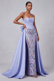 Lavender Corset Mermaid Strapless Satin Pearls Sequins Embroidery Ball Dress with Bow
