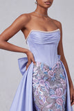 Lavender Corset Mermaid Strapless Satin Pearls Sequins Embroidery Ball Dress with Bow