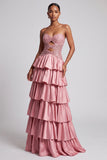 Dusty Rose Strapless Cut Out Tiered Ruffled Sequins Long Ball Dress