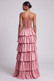 Dusty Rose Strapless Cut Out Tiered Ruffled Sequins Long Ball Dress