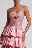 Dusty Rose Strapless Cut Out Tiered Ruffled Sequins Long Ball Dress