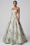 Sage Green Corset Ball Gown Strapless Jacquard Maxi Dress with Pearls