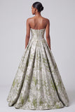 Sage Green Corset Ball Gown Strapless Jacquard Maxi Dress with Pearls