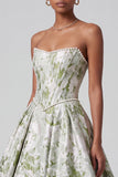Sage Green Corset Ball Gown Strapless Jacquard Maxi Dress with Pearls