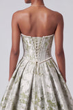 Sage Green Corset Ball Gown Strapless Jacquard Maxi Dress with Pearls