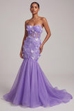 Purple Corset Sheer Mermaid Strapless Long Ball Dress with 3D Butterfly Appliques