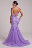 Purple Corset Sheer Mermaid Strapless Long Ball Dress with 3D Butterfly Appliques