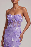 Purple Corset Sheer Mermaid Strapless Long Ball Dress with 3D Butterfly Appliques