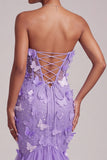 Purple Corset Sheer Mermaid Strapless Long Ball Dress with 3D Butterfly Appliques