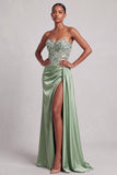 Green Corset Strapless Satin Feather Sequins Long Ball Dress with Side Slit
