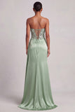 Green Corset Strapless Satin Feather Sequins Long Ball Dress with Side Slit