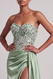 Green Corset Strapless Satin Feather Sequins Long Ball Dress with Side Slit