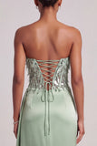 Green Corset Strapless Satin Feather Sequins Long Ball Dress with Side Slit