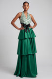 Dark Green A-Line Halter Tiered Ruffled Satin Cut Out Fringed Ball Dress with Bow