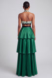 Dark Green A-Line Halter Tiered Ruffled Satin Cut Out Fringed Ball Dress with Bow