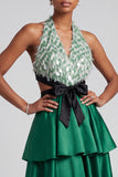 Dark Green A-Line Halter Tiered Ruffled Satin Cut Out Fringed Ball Dress with Bow