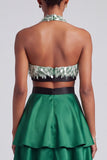 Dark Green A-Line Halter Tiered Ruffled Satin Cut Out Fringed Ball Dress with Bow